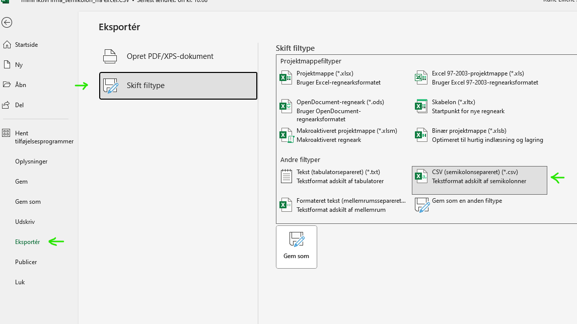 Excel eksport til CSV